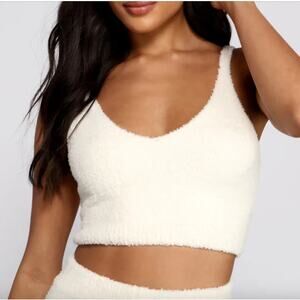 Windsor S Cream Super Soft Chenille Vneck Cropped Pajama Bralette Top